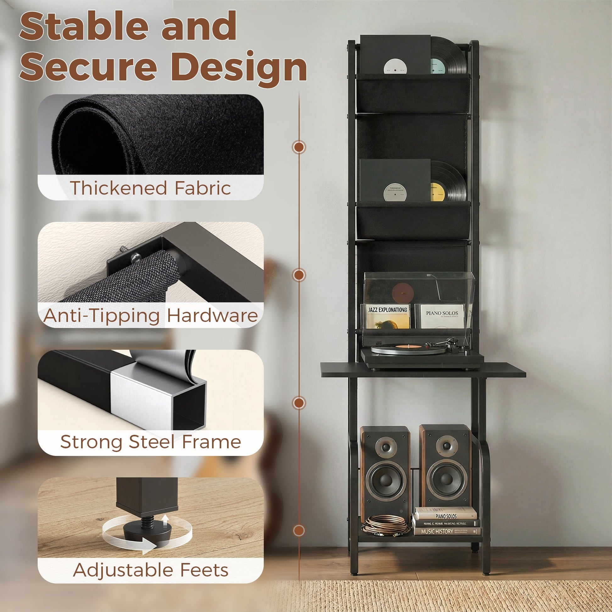 Vinyl Record Storage with Player Stand, Turntable Stand and Display Shelf, CD Storage Unit for Up to 40 CDs, Record Player Table for Living Room or Bedroom, Black