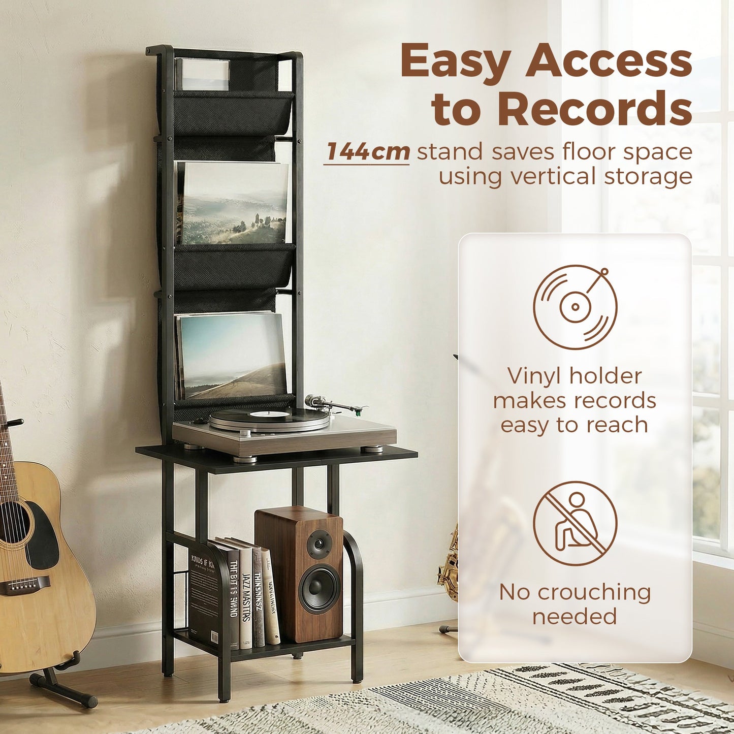 Vinyl Record Storage with Player Stand, Turntable Stand and Display Shelf, CD Storage Unit for Up to 40 CDs, Record Player Table for Living Room or Bedroom, Black