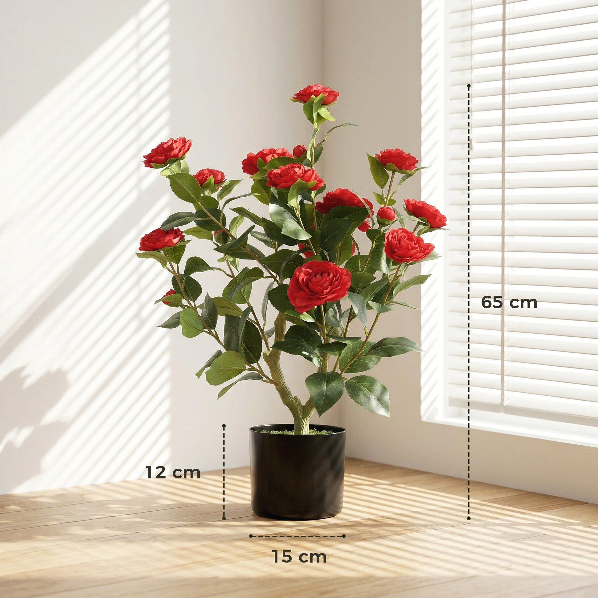 65cm Artificial Camellia Flower Plant in Pot, Realistic Silk Flowers with 116 Lush Leaves & Moss Effect, Faux Tree for Outdoor Indoor Garden Porch Decor, Red