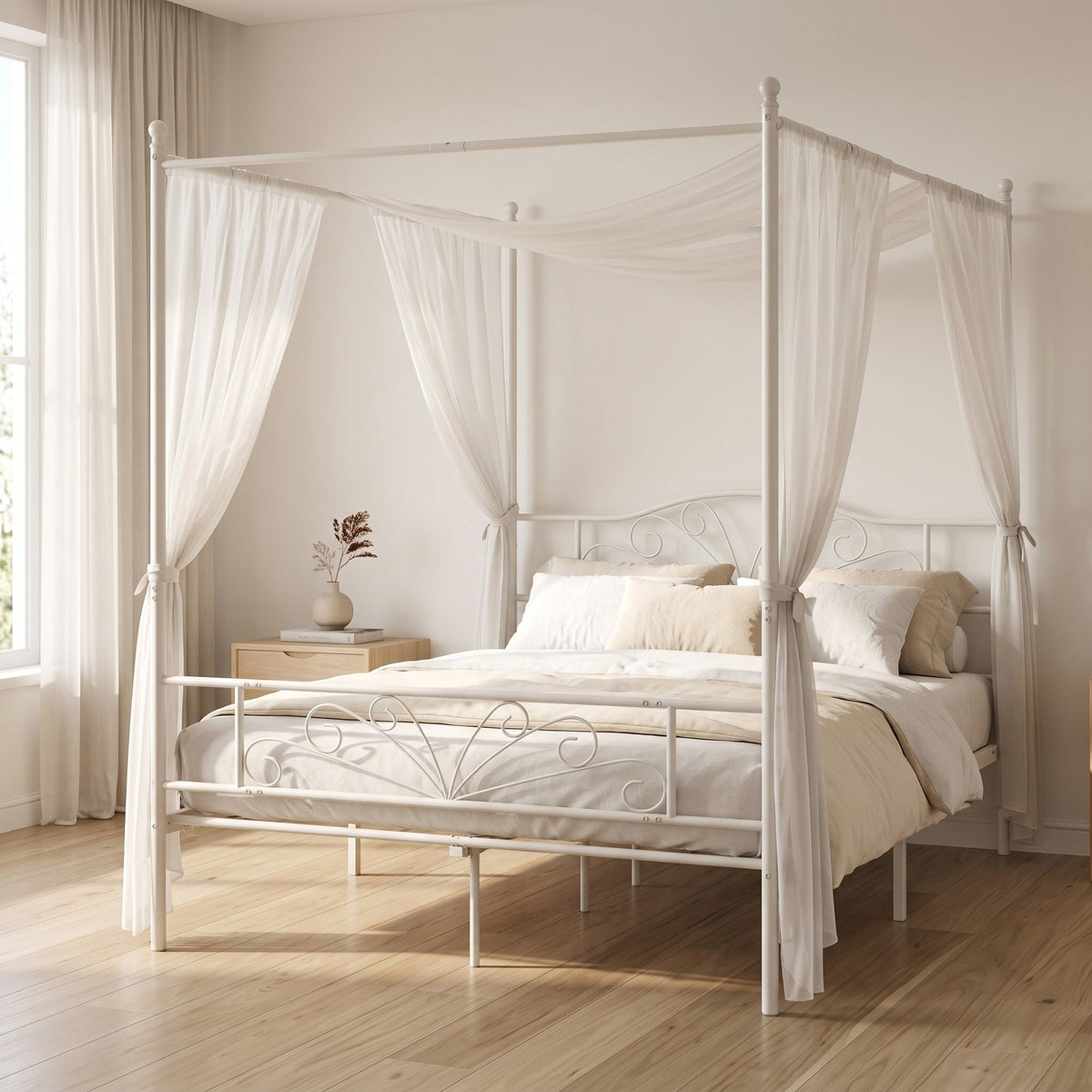 Canopy Bed Frame King Size, Metal Platform Bed Frame with Headboard and Footboard, Underbed Storage, Heavy Duty Steel Slats Support Mattress Foundation, No Box Spring Needed, White