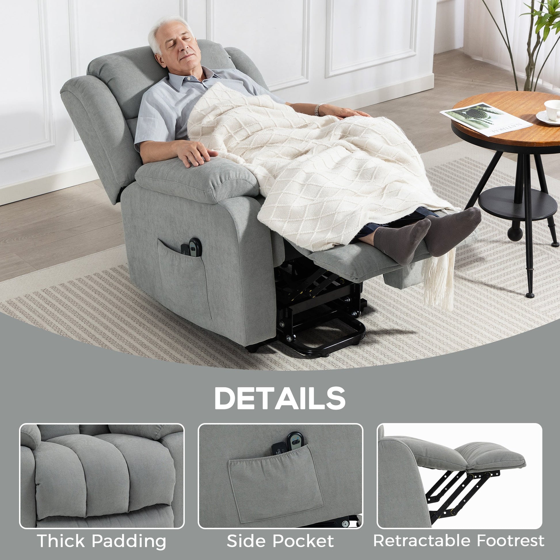 Power Lift Recliner Chair with Massage, Linen Overstuffed Lift Chair for Elderly, Electric Recliner Armchair with Footrest, Remote Control and Side Pocket, for Living Room, Light Grey