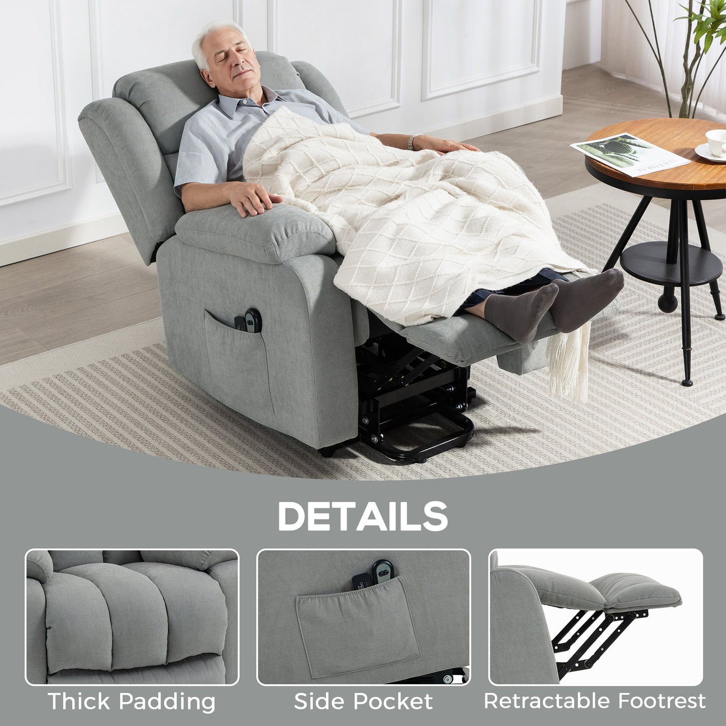Power Lift Recliner Chair with Massage, Linen Overstuffed Lift Chair for Elderly, Electric Recliner Armchair with Footrest, Remote Control and Side Pocket, for Living Room, Light Grey