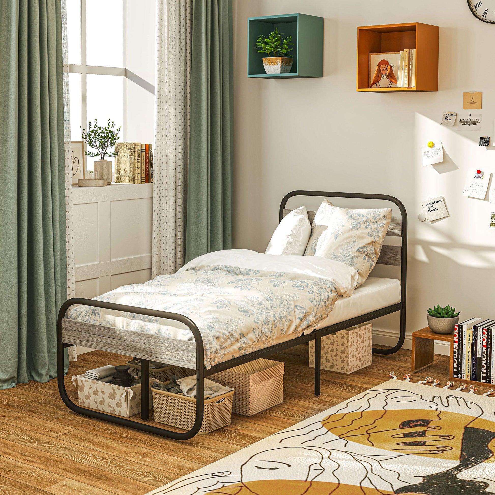 HOMCOM 3ft Single Bed Frame, Industrial Style Metal Platform Bed Frame with Under Bed Storage, No Box Spring Needed, Easy Assembly, Grey