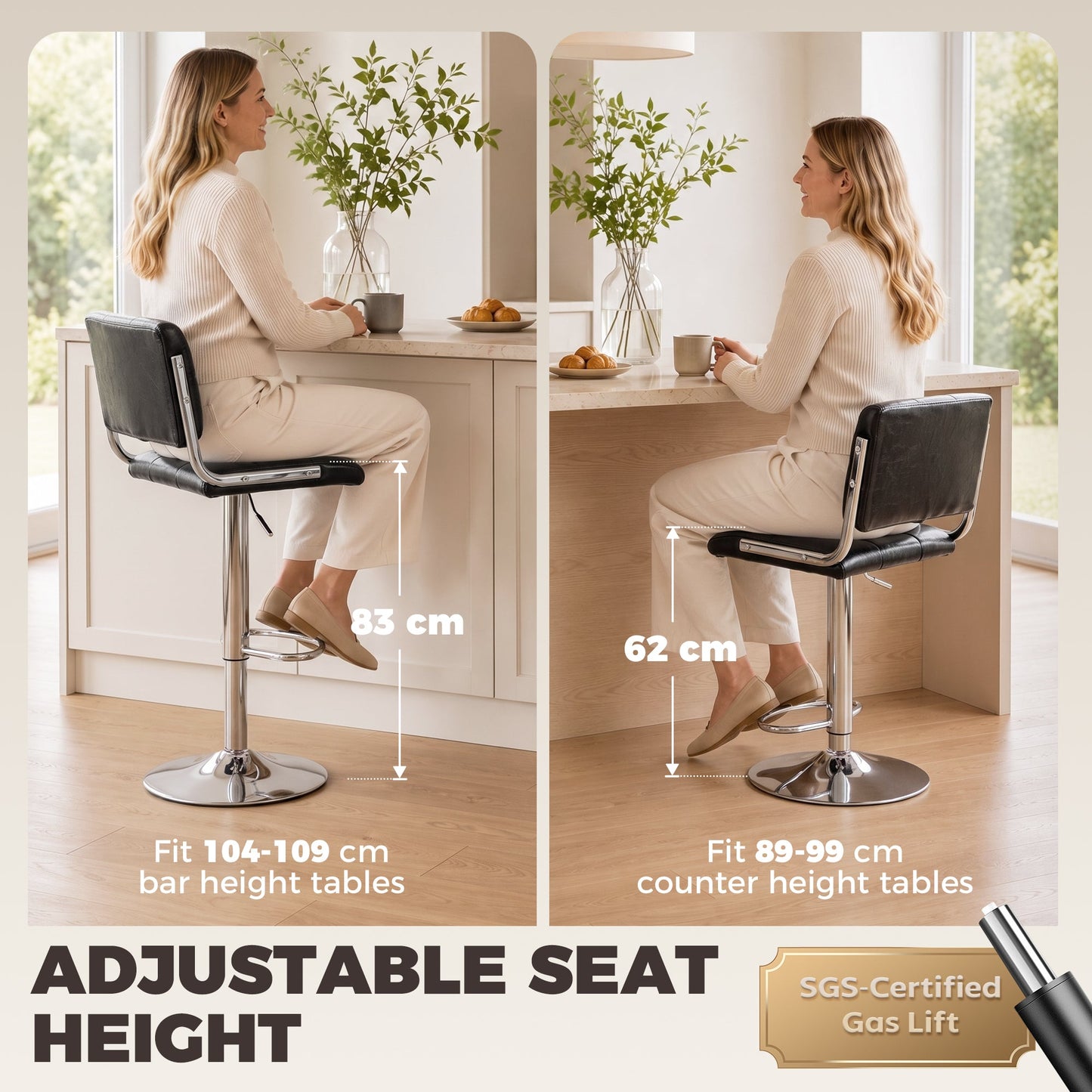 Breakfast Bar Stools Set of 2, Modern PU Leather Swivel BarStools, Adjustable Counter Height Bar Chairs with Backrest and Footrest for Kitchen Island, Dining Room, Bar, Black