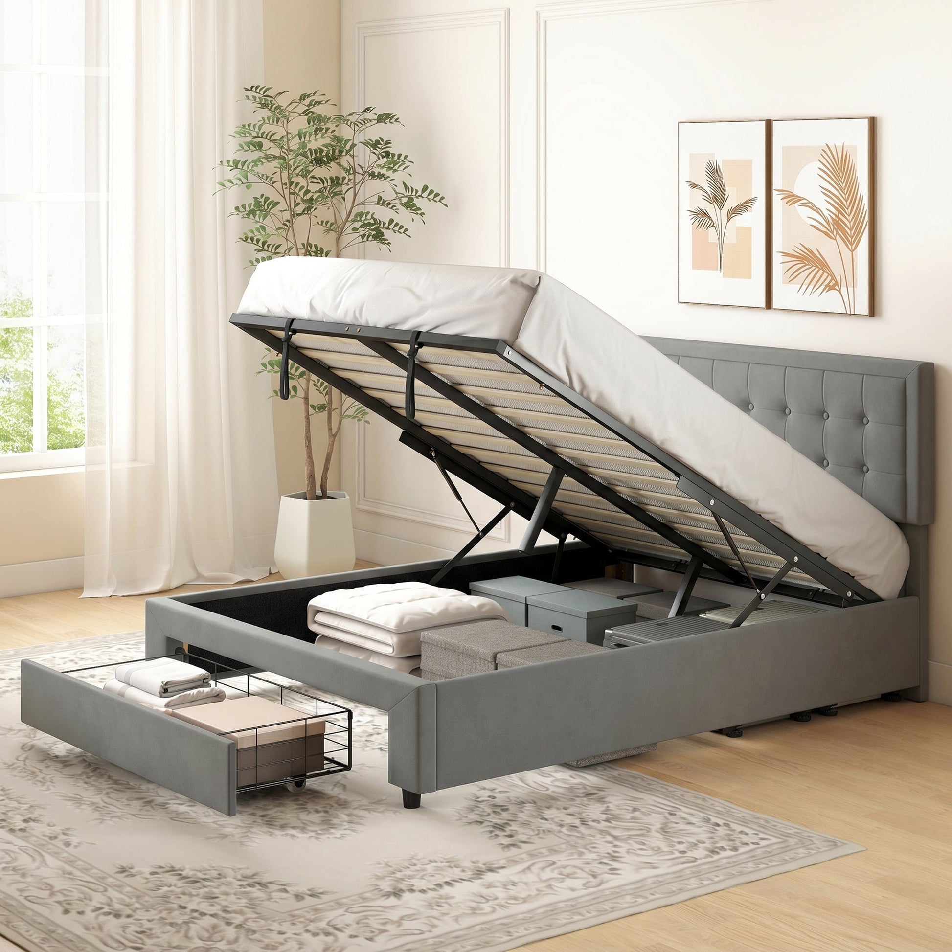 Upholstered Ottoman Bed with Storage Drawer and Adjustable Headboard, 5ft King Size Bed Frame with Gas Lift End Opening, Wooden Slats, No Mattress, Grey