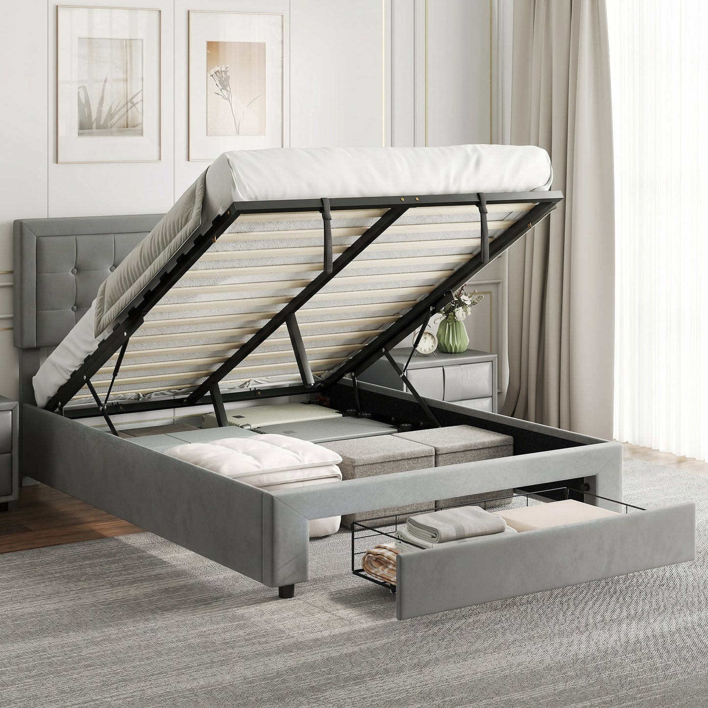 Upholstered Ottoman Bed with Storage Drawer and Adjustable Headboard, 5ft King Size Bed Frame with Gas Lift End Opening, Wooden Slats, No Mattress, Grey