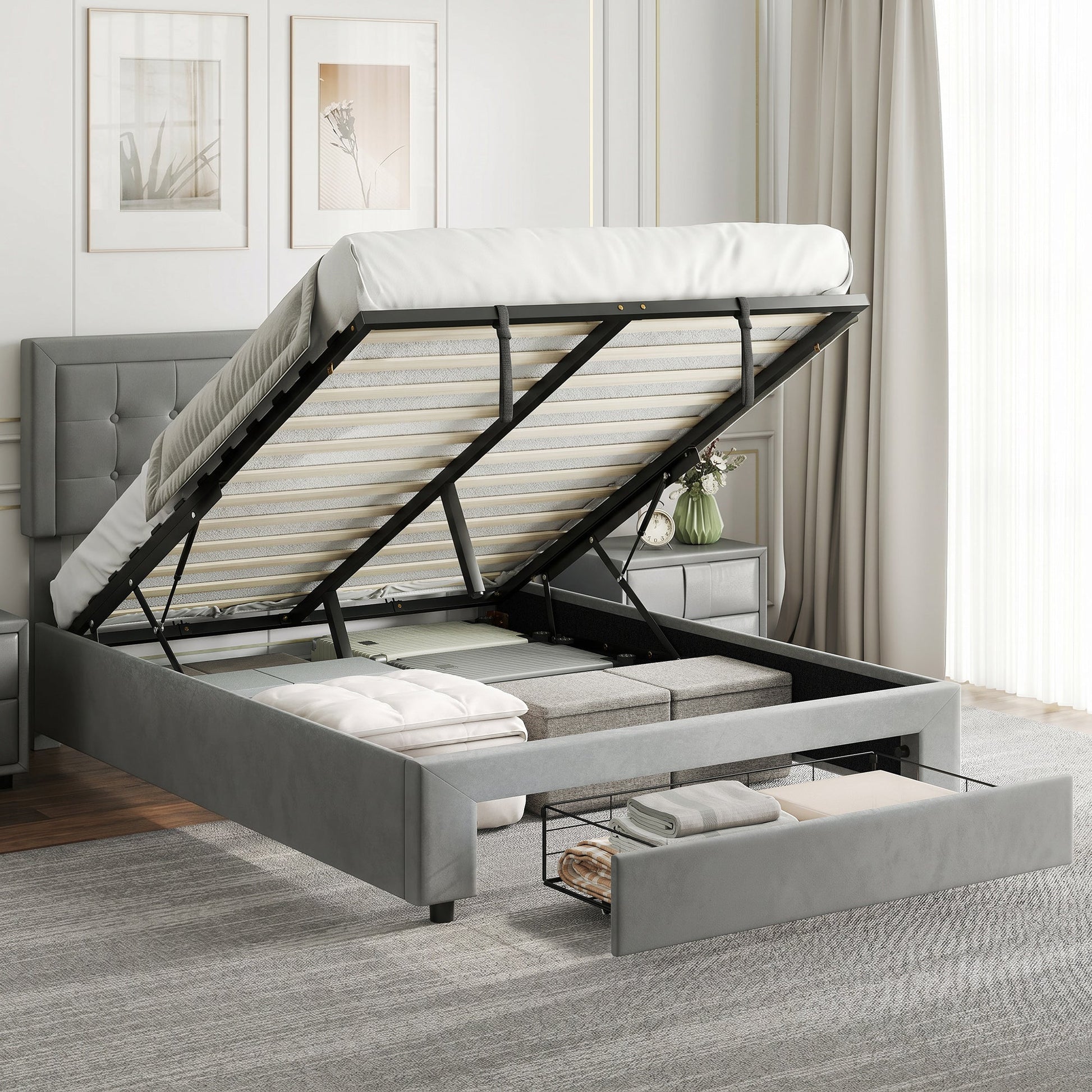 Upholstered Ottoman Bed with Storage Drawer and Adjustable Headboard, 5ft King Size Bed Frame with Gas Lift End Opening, Wooden Slats, No Mattress, Grey