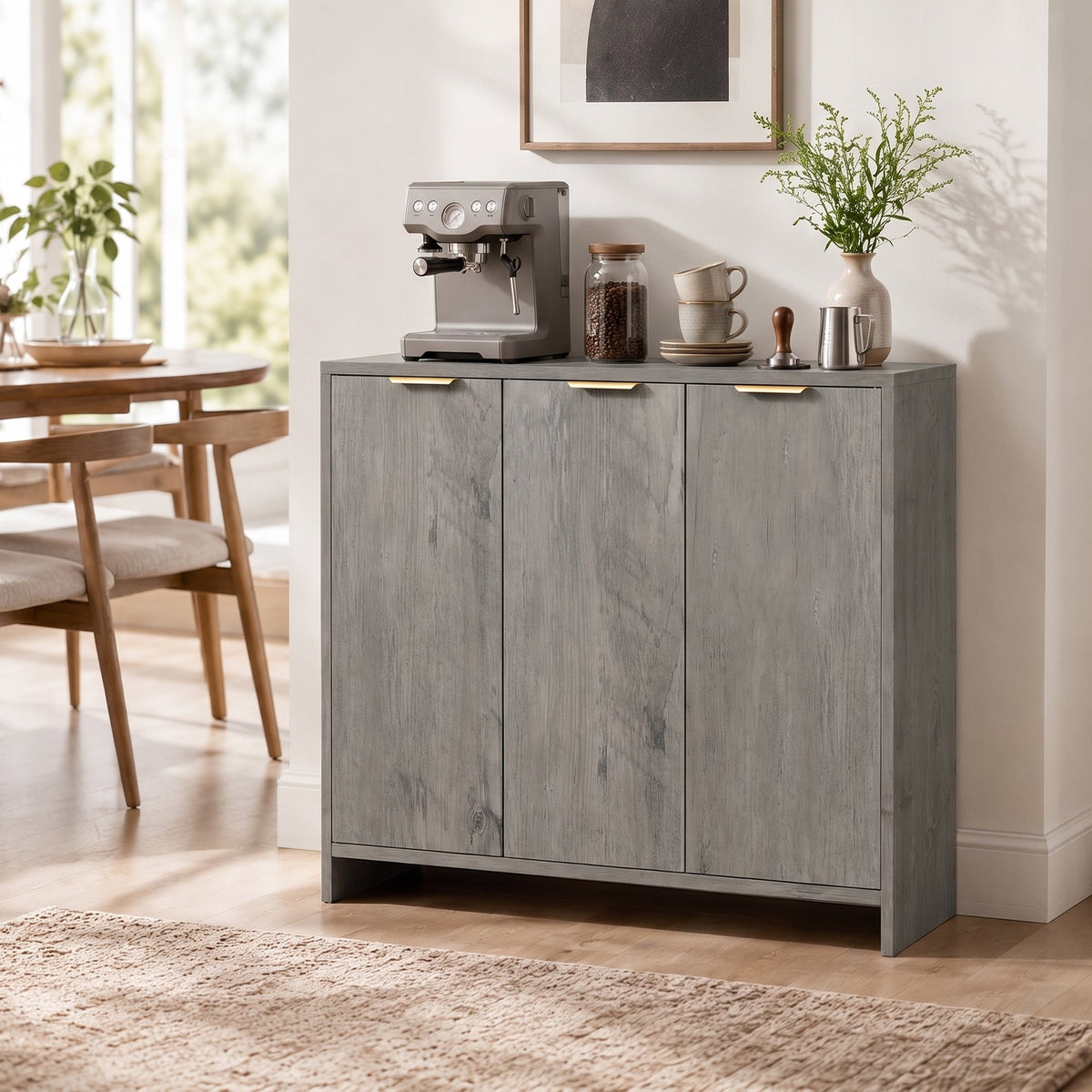 Sideboard Cabinet, Modern Storage Cabinet with 3 Doors and Adjustable Shelves, Freestanding Kitchen Cupboard for Living Room, Dining Room, 100 x 35 x 90 cm, Grey