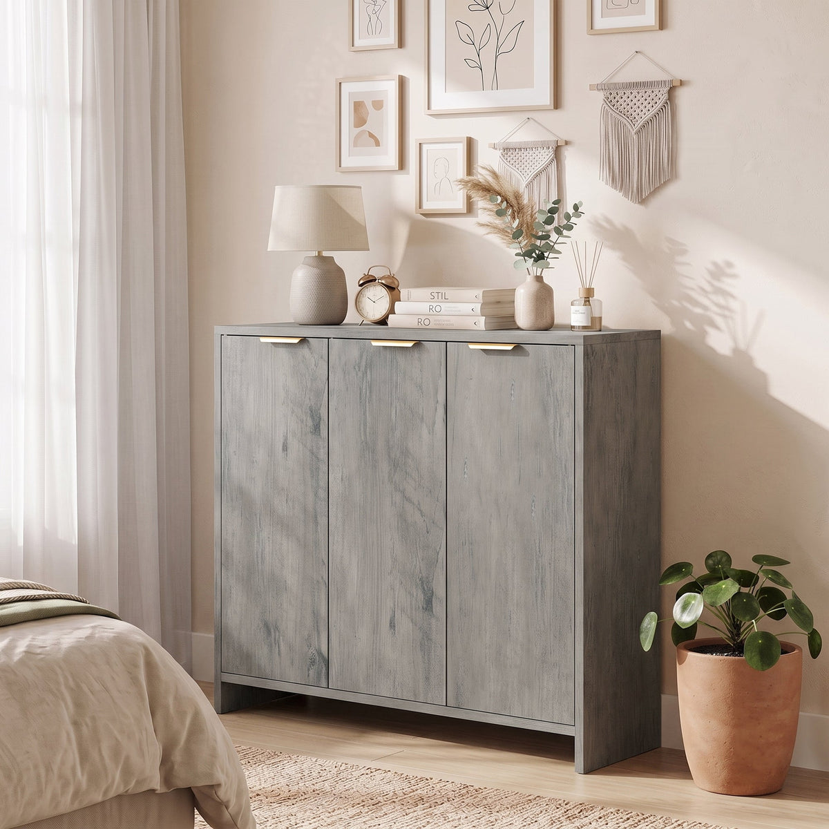 Sideboard Cabinet, Modern Storage Cabinet with 3 Doors and Adjustable Shelves, Freestanding Kitchen Cupboard for Living Room, Dining Room, 100 x 35 x 90 cm, Grey