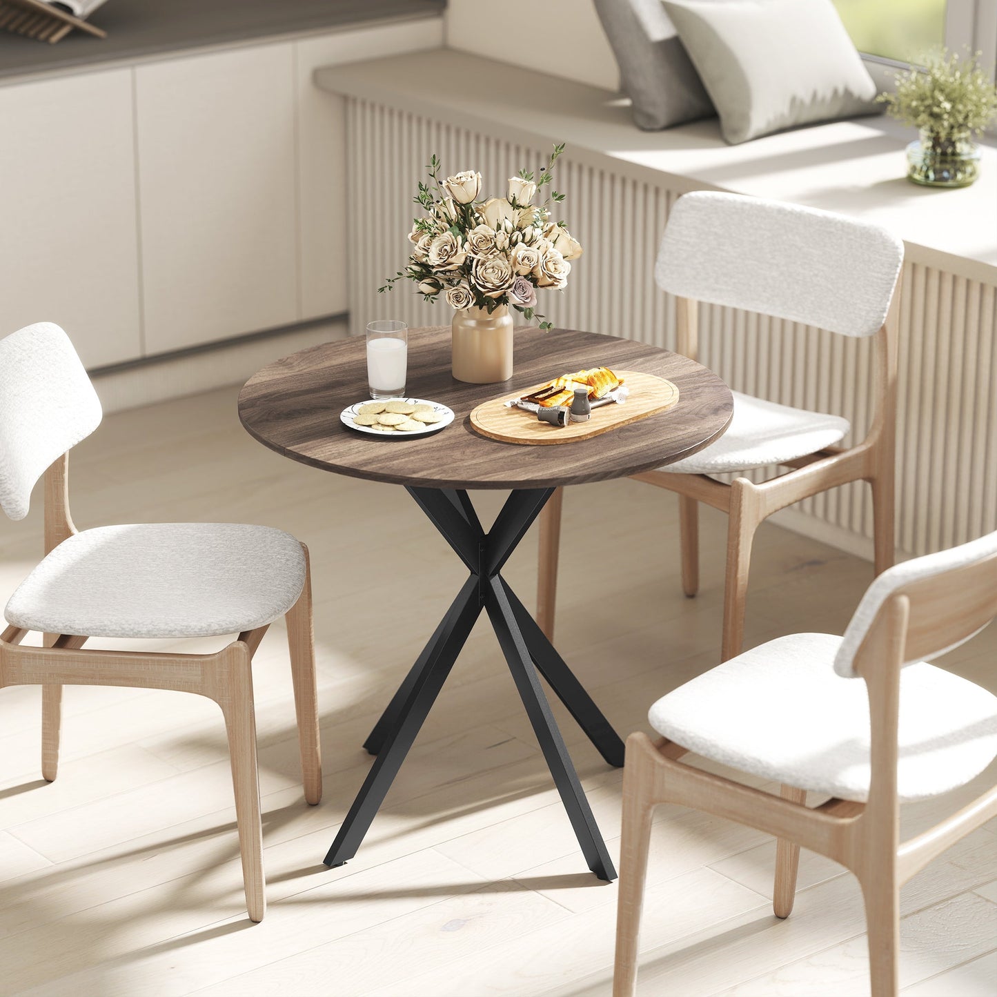 80cm Round Dining Table, Industrial Kitchen Table with Cross Steel Legs for Dining Room, Kitchen, Living Room, Brown