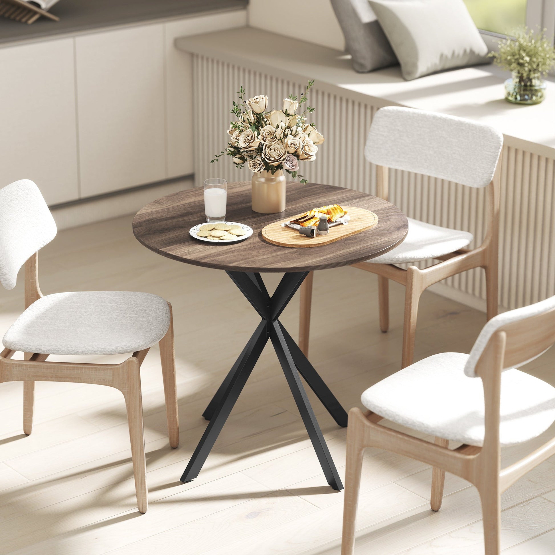 80cm Round Dining Table, Industrial Kitchen Table with Cross Steel Legs for Dining Room, Kitchen, Living Room, Brown