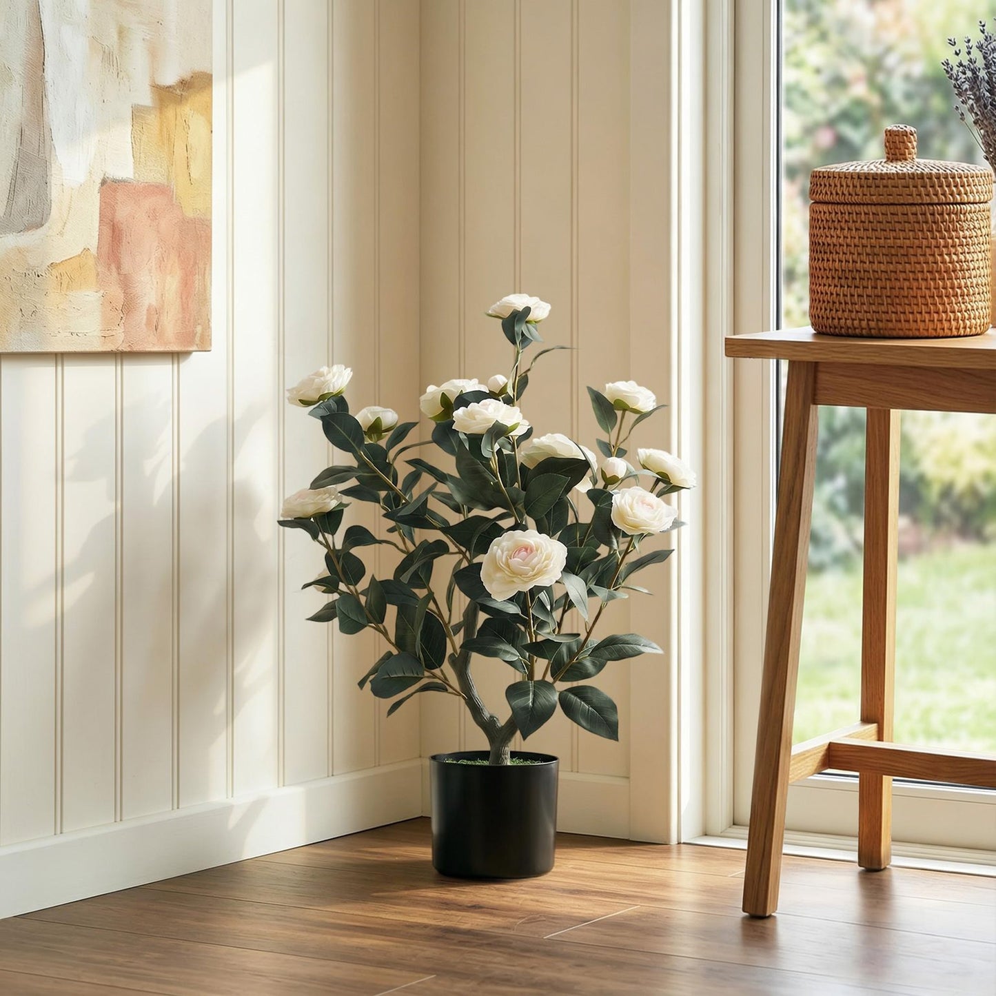 65cm Artificial Camellia Flower Plant in Pot, Realistic Silk Flowers with 116 Lush Leaves & Moss Effect, Faux Tree for Outdoor Indoor Garden Porch Decor