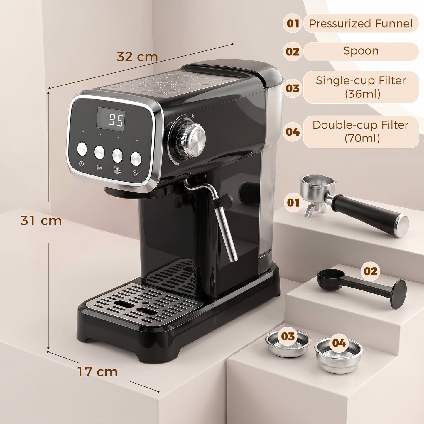 Espresso Machine with Milk Frother Wand, 1350W Semi Automatic 20 Bar Coffee Machine with 1.2L Water Tank, Latte and Cappuccino Maker with Single/Double Shot, Hot Water, Cup Warming, Black