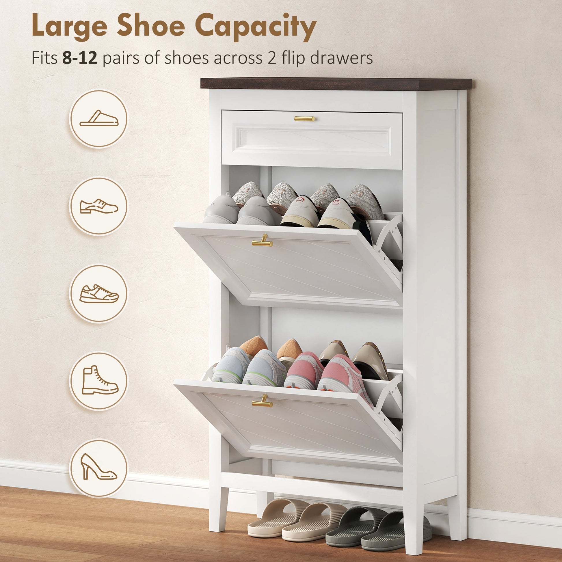 Shoe Cabinet with 2 Flip Drawers, Farmhouse Narrow Shoe Storage Cabinet with Adjustable Shelves, Storage Drawer, Freestanding for Entryway, Hallway, Living Room, Holds 8-12 Pairs, White