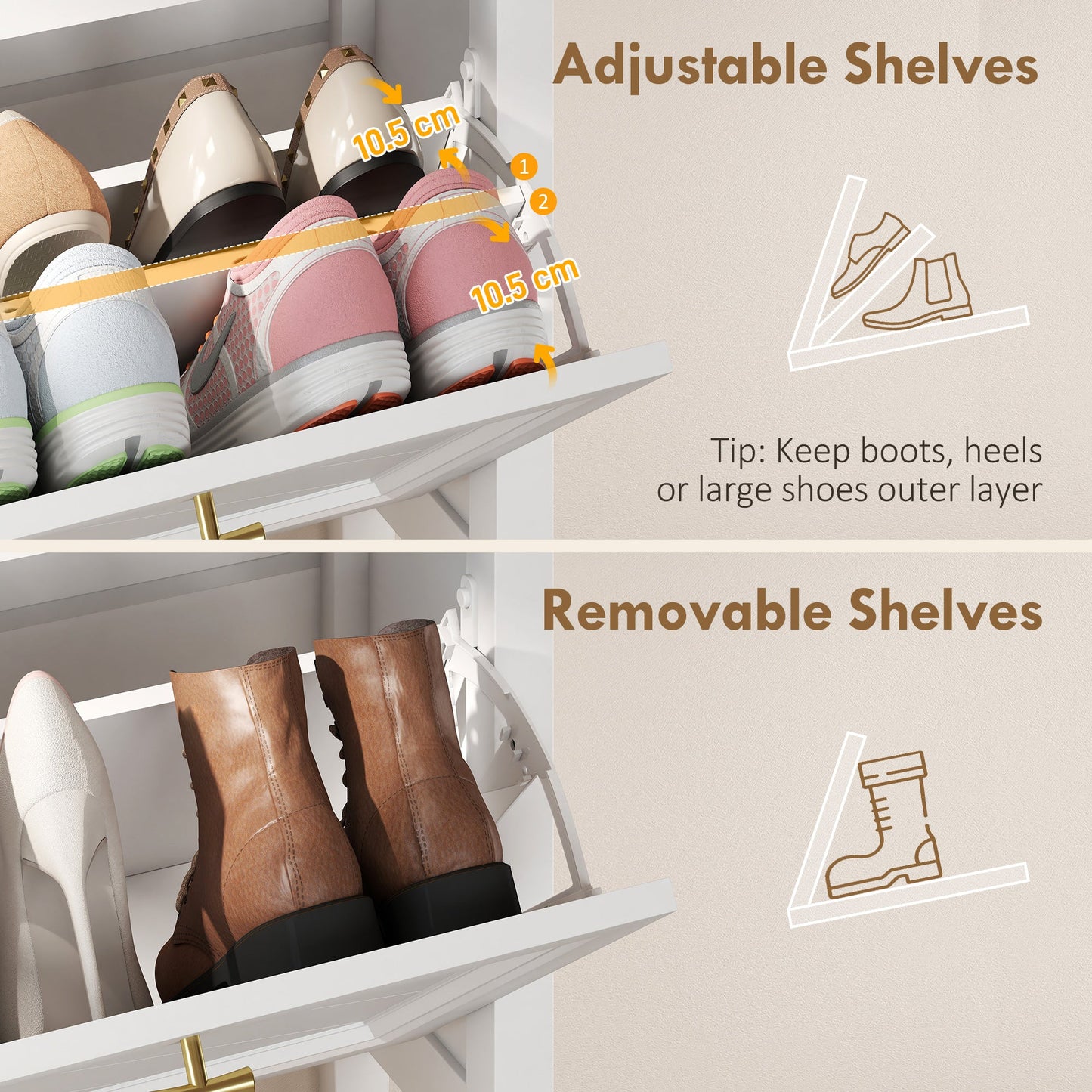Shoe Cabinet with 2 Flip Drawers, Farmhouse Narrow Shoe Storage Cabinet with Adjustable Shelves, Storage Drawer, Freestanding for Entryway, Hallway, Living Room, Holds 8-12 Pairs, White