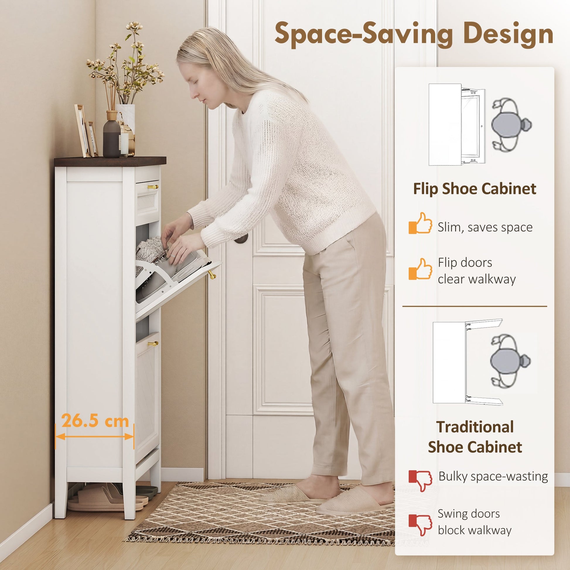 Shoe Cabinet with 2 Flip Drawers, Farmhouse Narrow Shoe Storage Cabinet with Adjustable Shelves, Storage Drawer, Freestanding for Entryway, Hallway, Living Room, Holds 8-12 Pairs, White