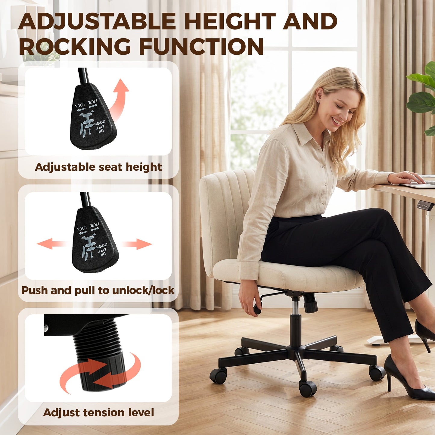Armless Office Chair with Wheels, Imitation Linen Criss Cross Legged Desk Chair with Wide Seat, Thick Padding, Rock Function, Height Adjustable Swivel Computer Seat for Home, Cream