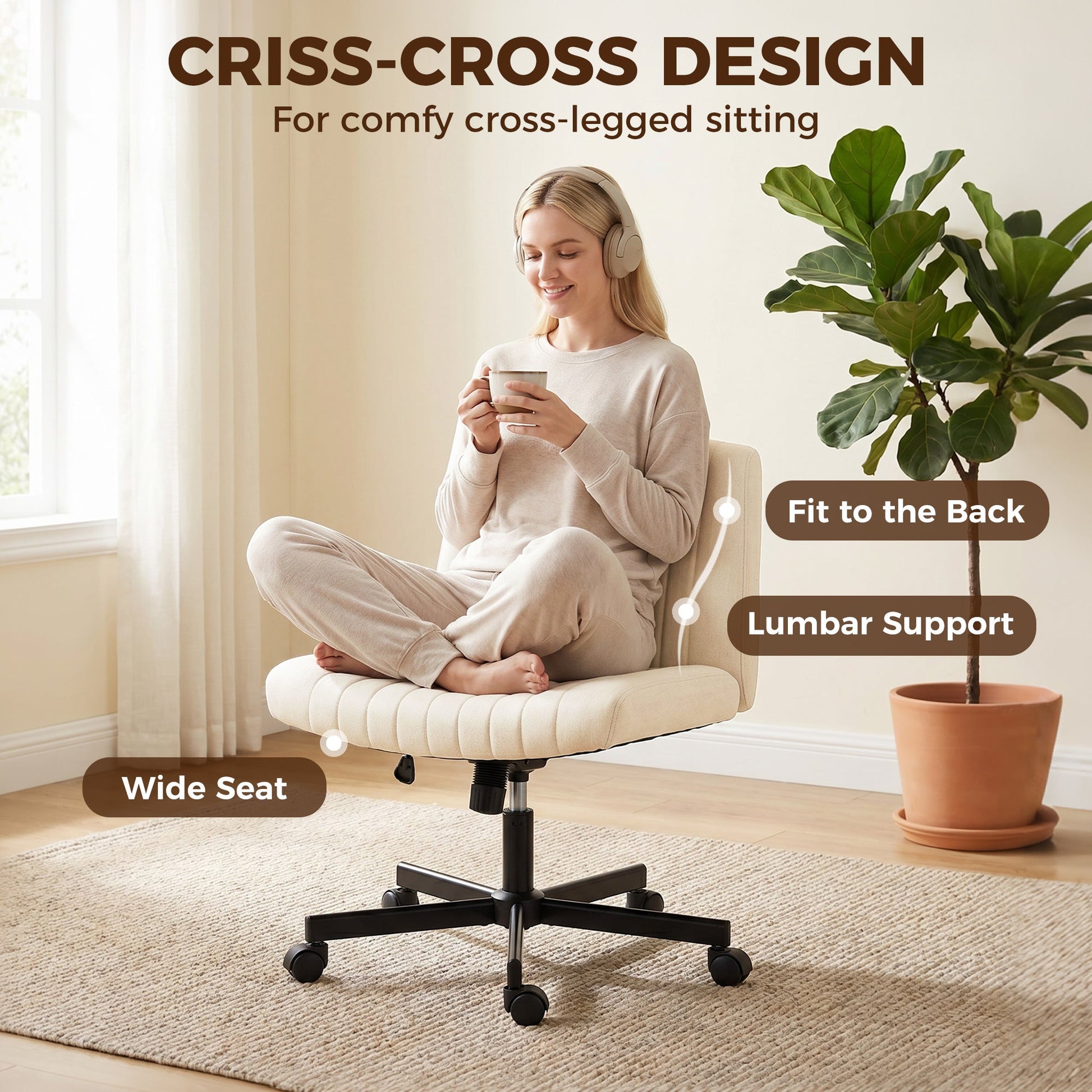 Armless Office Chair with Wheels, Imitation Linen Criss Cross Legged Desk Chair with Wide Seat, Thick Padding, Rock Function, Height Adjustable Swivel Computer Seat for Home, Cream