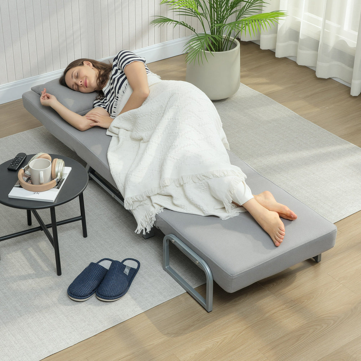 Single Sofa Bed, 3-in-1 Convertible Folding Chair Bed with Adjustable Backrest, Removable Armrests, Steel Legs, Linen Sleeper Chair for Living Room, Bedroom, Small Space, Light Grey