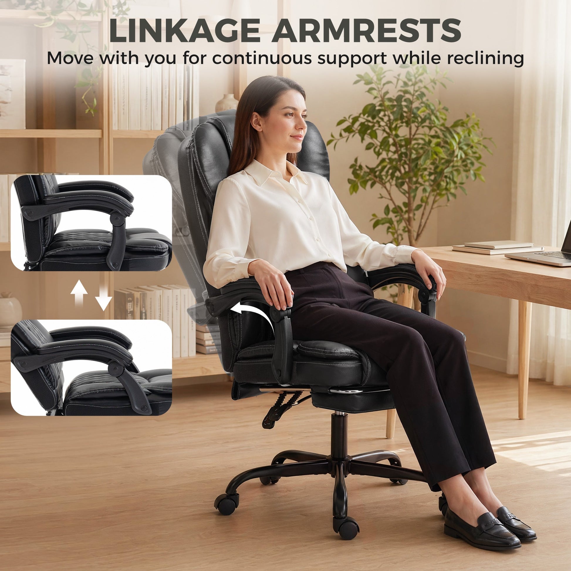 High-Back Executive Home Office Chair, PU Leather Computer Desk Chair with 360 Degree Swivel, Reclining Function, Retractable Footrest and Adjustable Height, Black