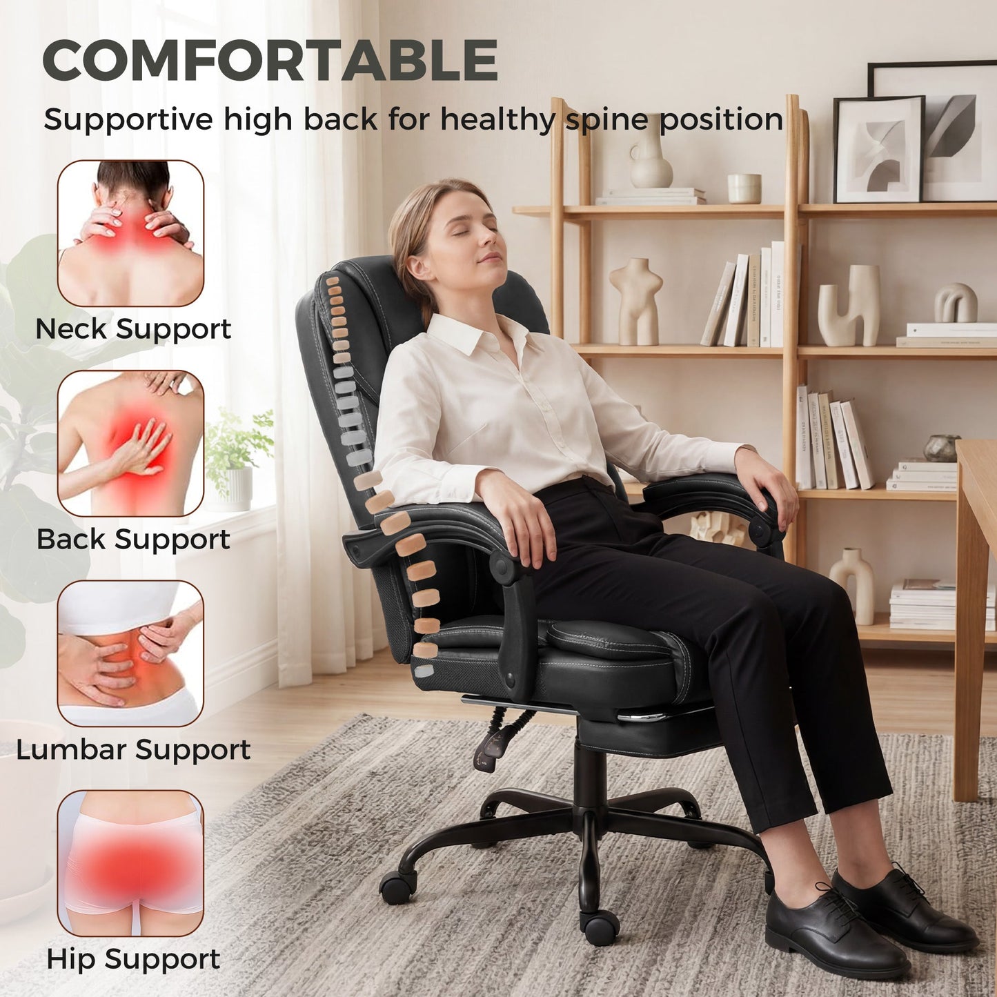 High-Back Executive Home Office Chair, PU Leather Computer Desk Chair with 360 Degree Swivel, Reclining Function, Retractable Footrest and Adjustable Height, Black