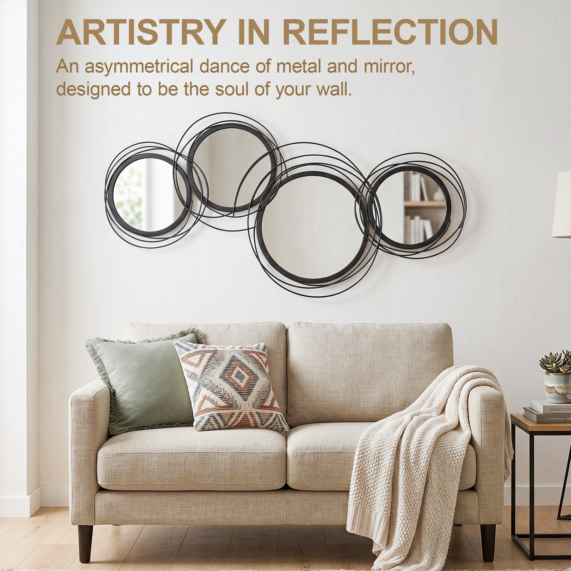Metal Wall Art 56cm Modern Decorative Mirror Decor Hanging Home Wall Sculptures for Living Room Bedroom Dining Room, Black