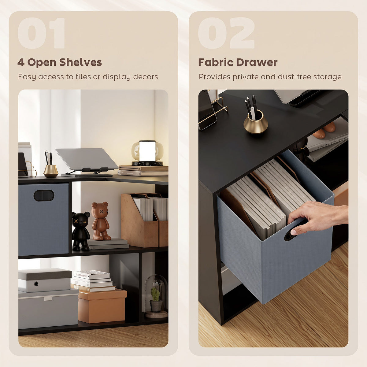 110 cm L-Shaped Desk, Small Computer Desk with Fabric Drawer and Storage Shelves for Home Office, Study, Black