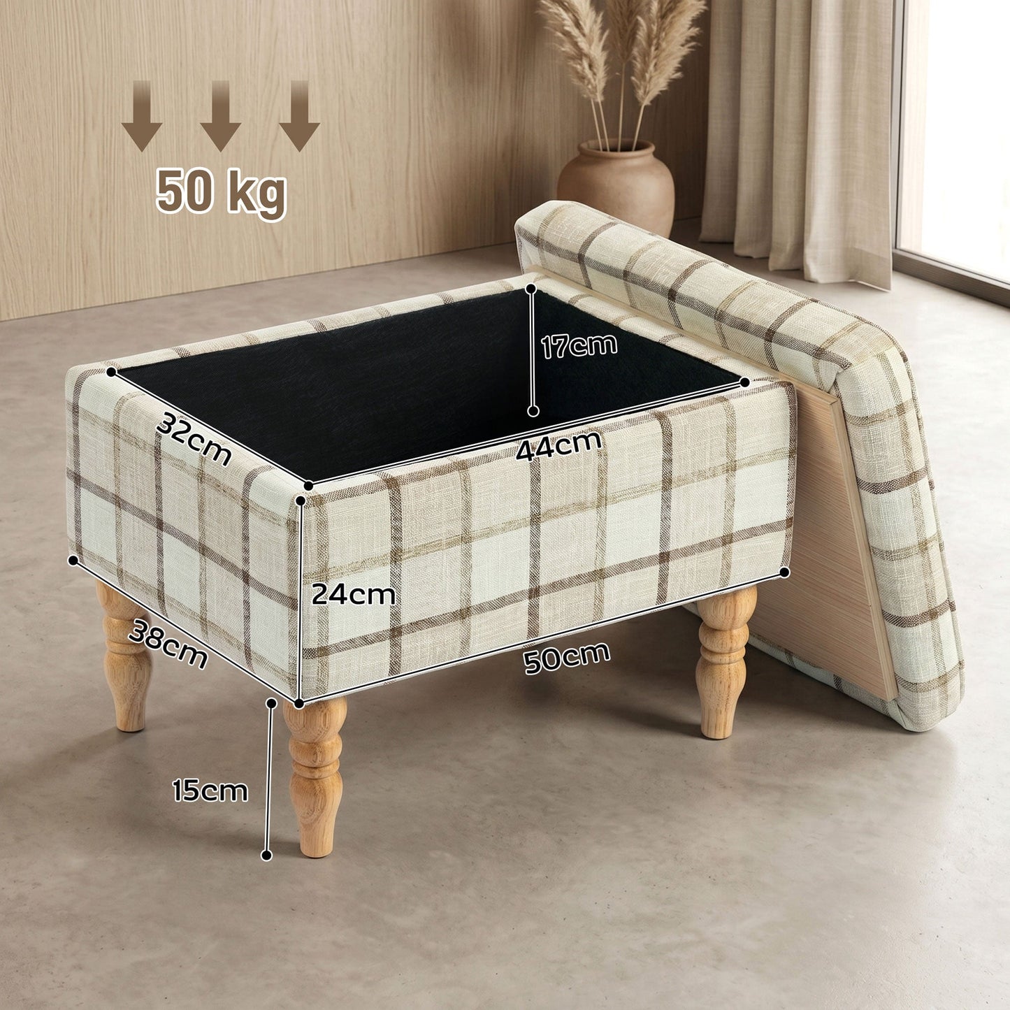 Rectangular Storage Stool, Linen-Look Fabric Upholstered Footstool with Removable Top, Padded Seat and Hidden Space for Living Room, Bedroom, Brown