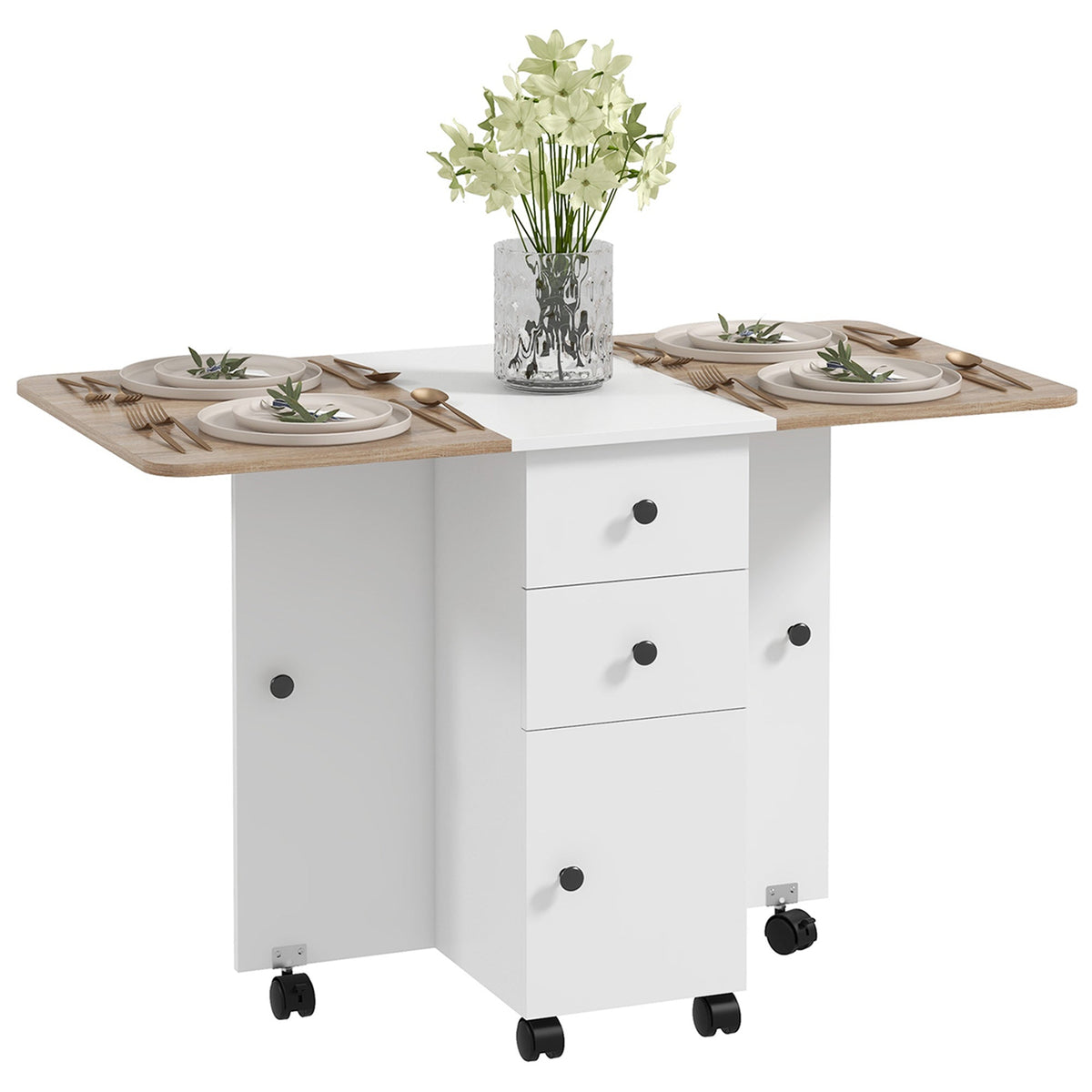 HOMCOM Folding Dining Table for 4-6, Rolling Drop Leaf Table with Storage Drawers, Cabinet and Open Shelf, Extendable Kitchen Table on Wheels, Oak and White
