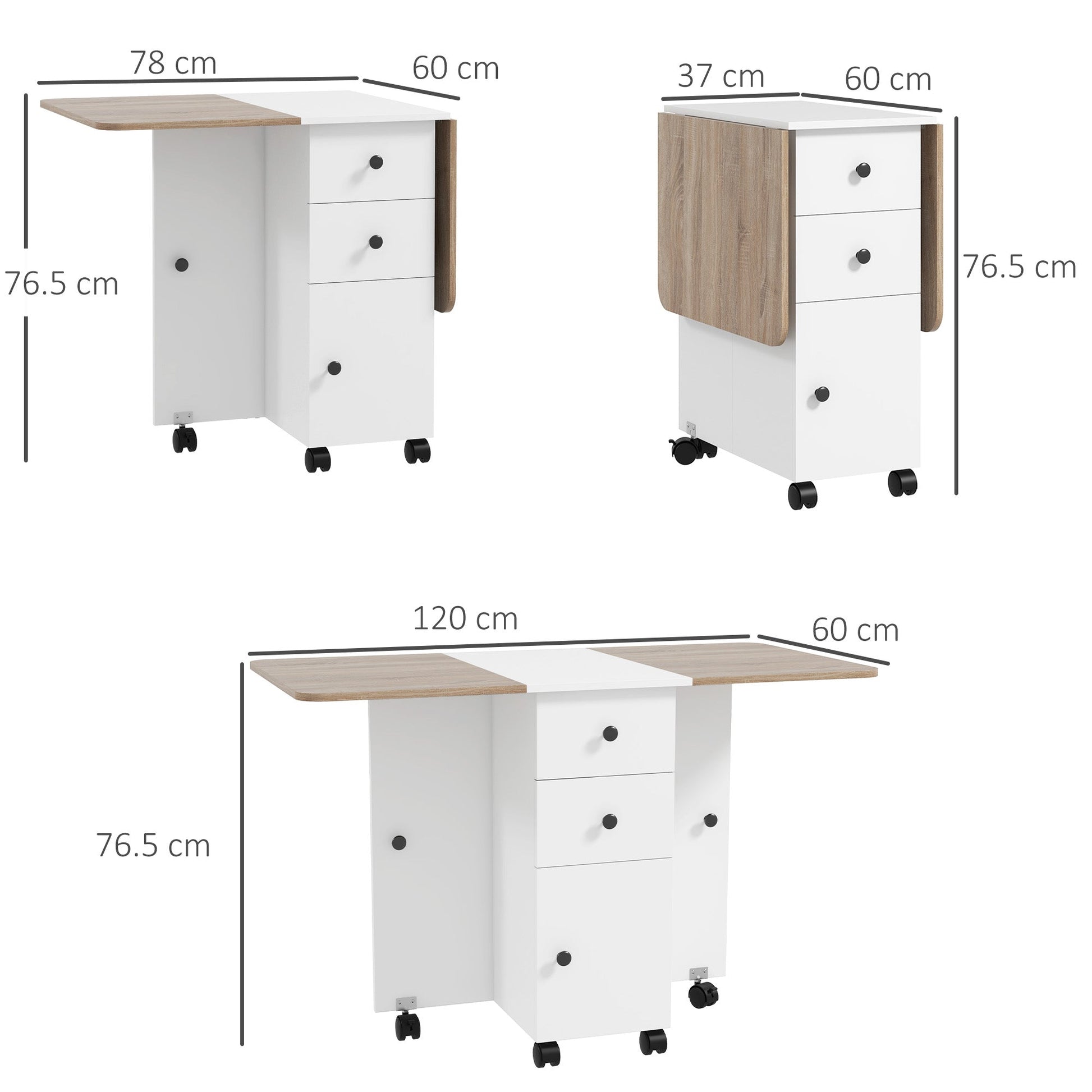 HOMCOM Folding Dining Table for 4-6, Rolling Drop Leaf Table with Storage Drawers, Cabinet and Open Shelf, Extendable Kitchen Table on Wheels, Oak and White