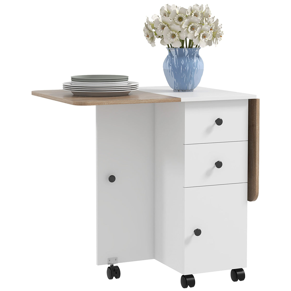 HOMCOM Folding Dining Table for 4-6, Rolling Drop Leaf Table with Storage Drawers, Cabinet and Open Shelf, Extendable Kitchen Table on Wheels, Oak and White