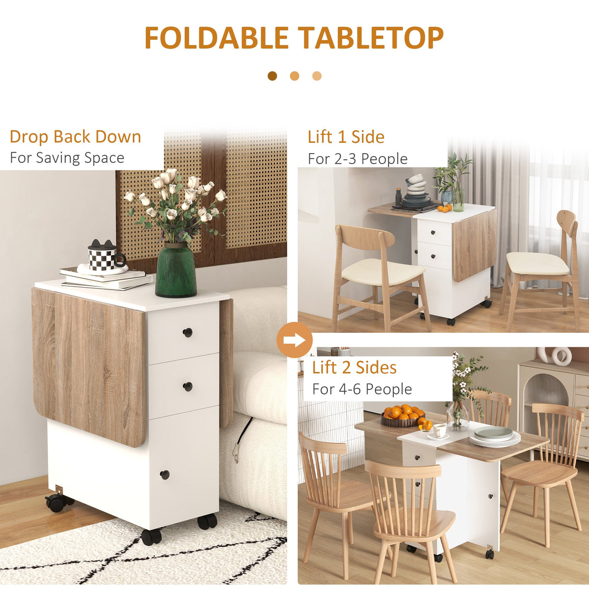 HOMCOM Folding Dining Table for 4-6, Rolling Drop Leaf Table with Storage Drawers, Cabinet and Open Shelf, Extendable Kitchen Table on Wheels, Oak and White