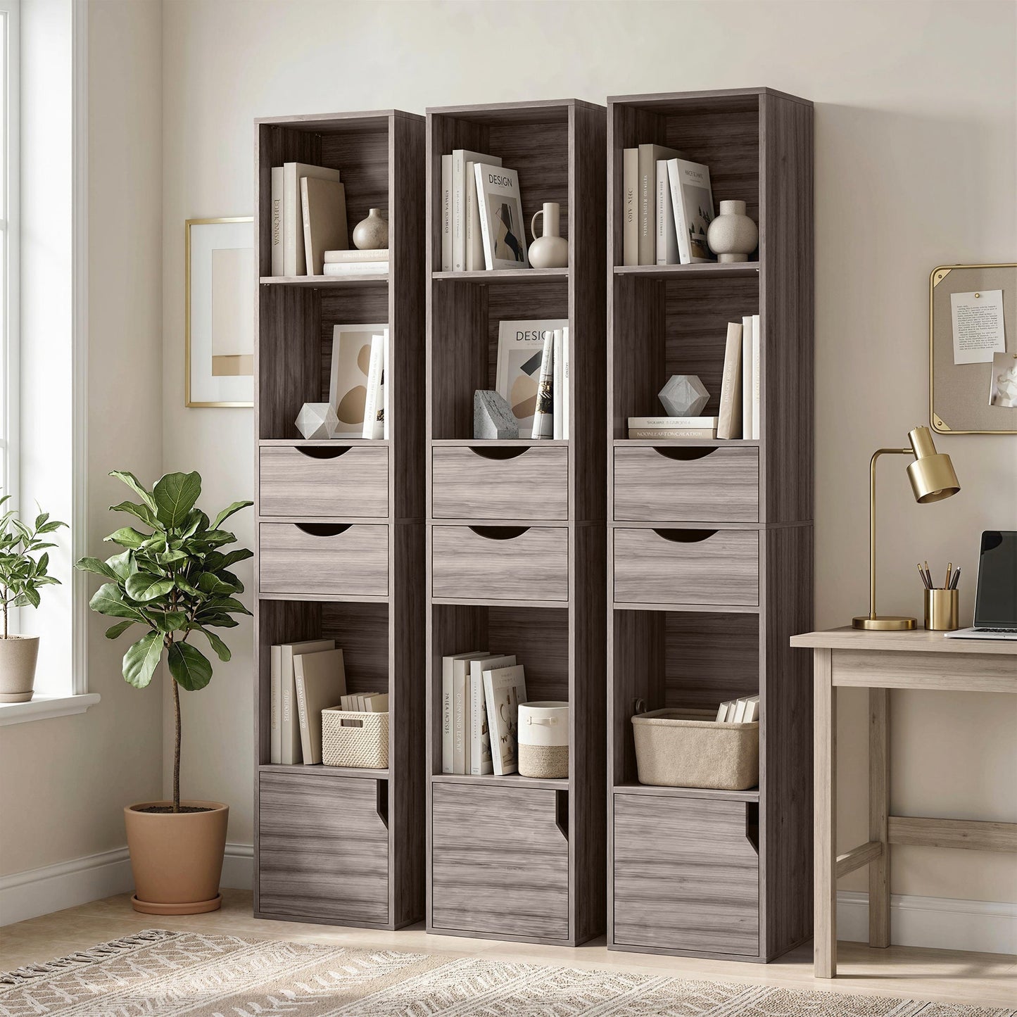 158 cm Bookcase with Drawers, 3-Tier Bookshelf, Slim Storage Cabinet with Doors, Adjustable Shelf for Living Room, Bedroom, Home Office, Grey