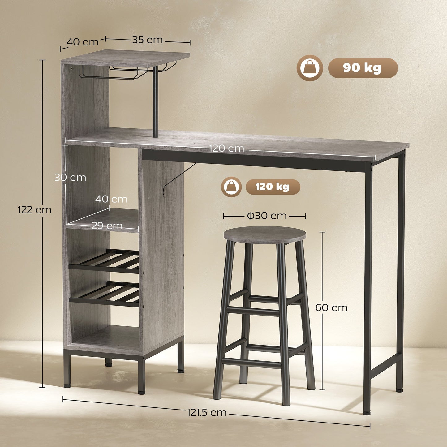 3 Pieces Dining Room Set, 6-Tier Dining Table with Storage Shelves, Wine Racks, Glass Holders, 2 Round Stools with Footrest, for Small Spaces, Kitchen, Dining Room, Natural Wood Finish