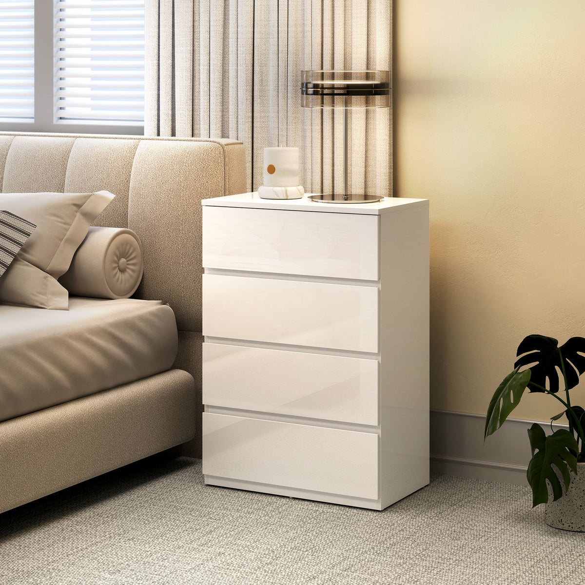 Chest of Drawers, Modern 4 Drawer Dresser with Soft Closing Mechanism for Bedroom, High Gloss White