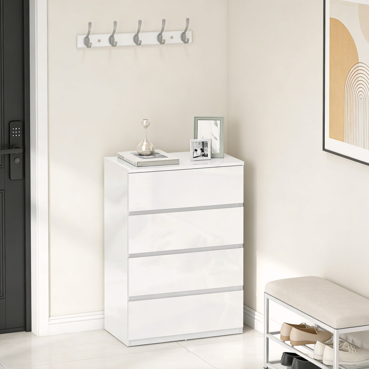 Chest of Drawers, Modern 4 Drawer Dresser with Soft Closing Mechanism for Bedroom, High Gloss White