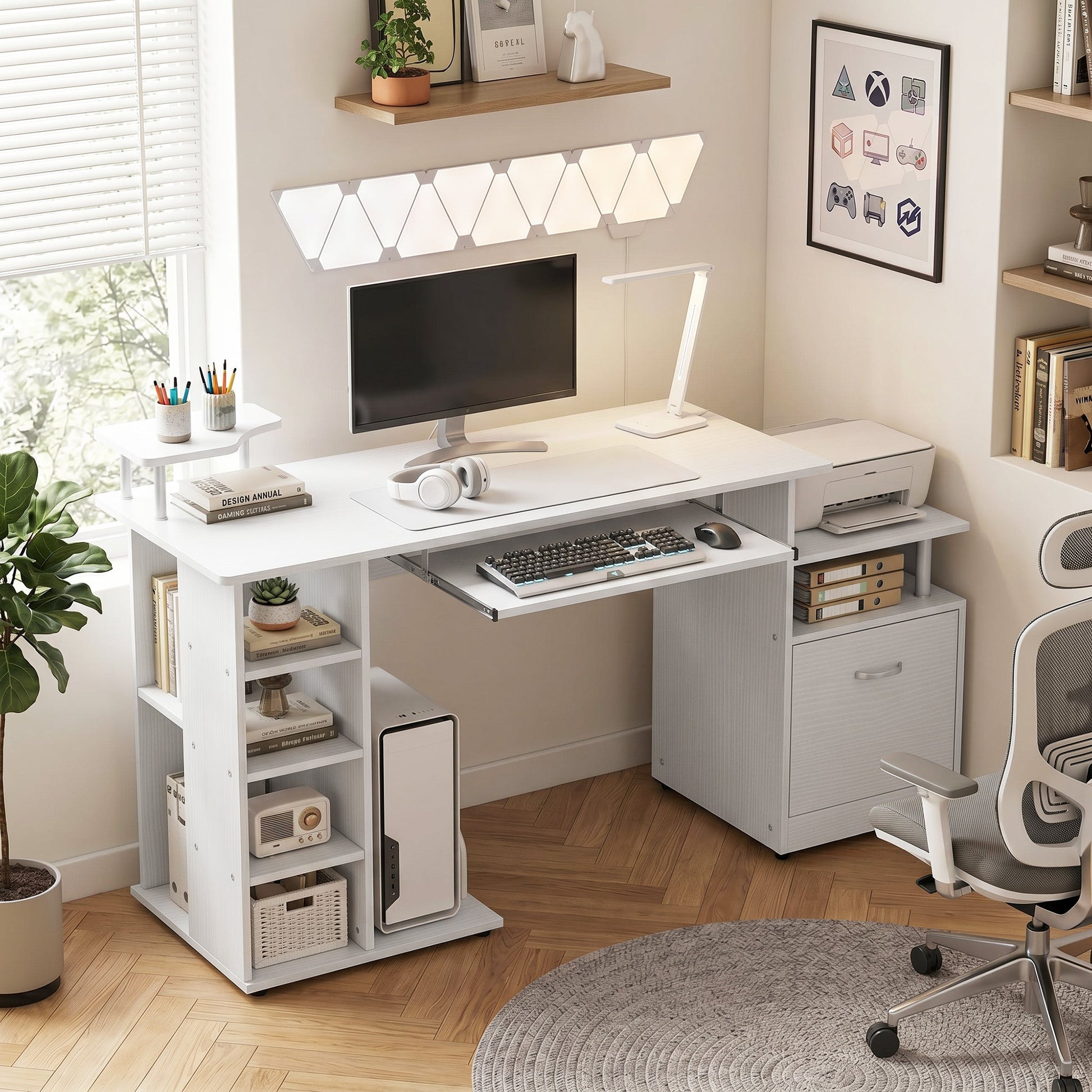 Computer Desk PC Workstation with Drawer Shelves CPU Storage Rack Home Office Furniture 152 x 60 x 88 cm White Wood Effect