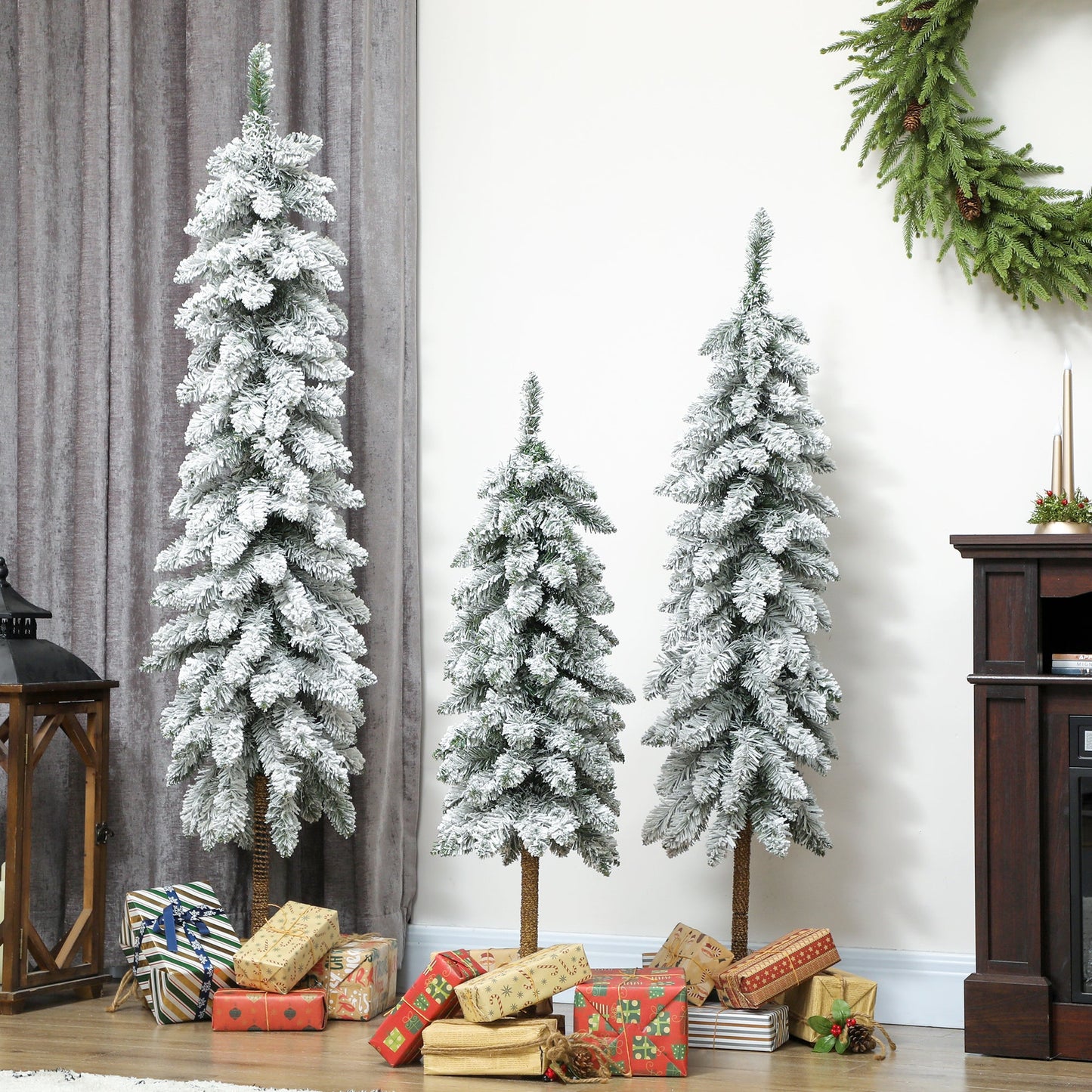 Set of 3 Pencil Flocked Christmas Tree, 3ft 4ft 5ft Slim Downswept Xmas Tree with Metal Stand, Fire-Resistant for Home Office Decor