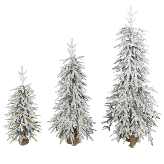 Prelit Flocked Artificial Christmas Tree Set of 3, Snowy Xmas Tree with PE Tips, Warm White LED Lights, 8 Modes, Space Saving Slim Pencil Xmas Decoration Tree 3FT+4FT+5FT