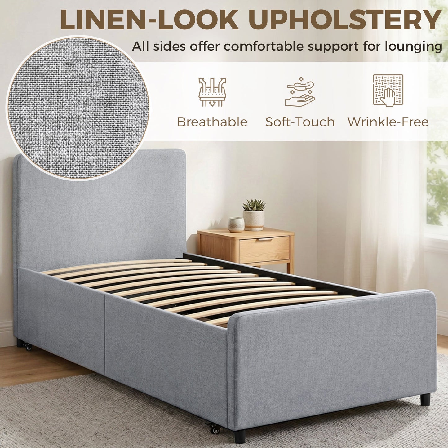 3ft Single Bed Frame with Trundle, Upholstered Pull Out Trundle Bed with Headboard and Footboard for Adults & Teenagers, 90 x 190 cm, No Mattress, Light Grey