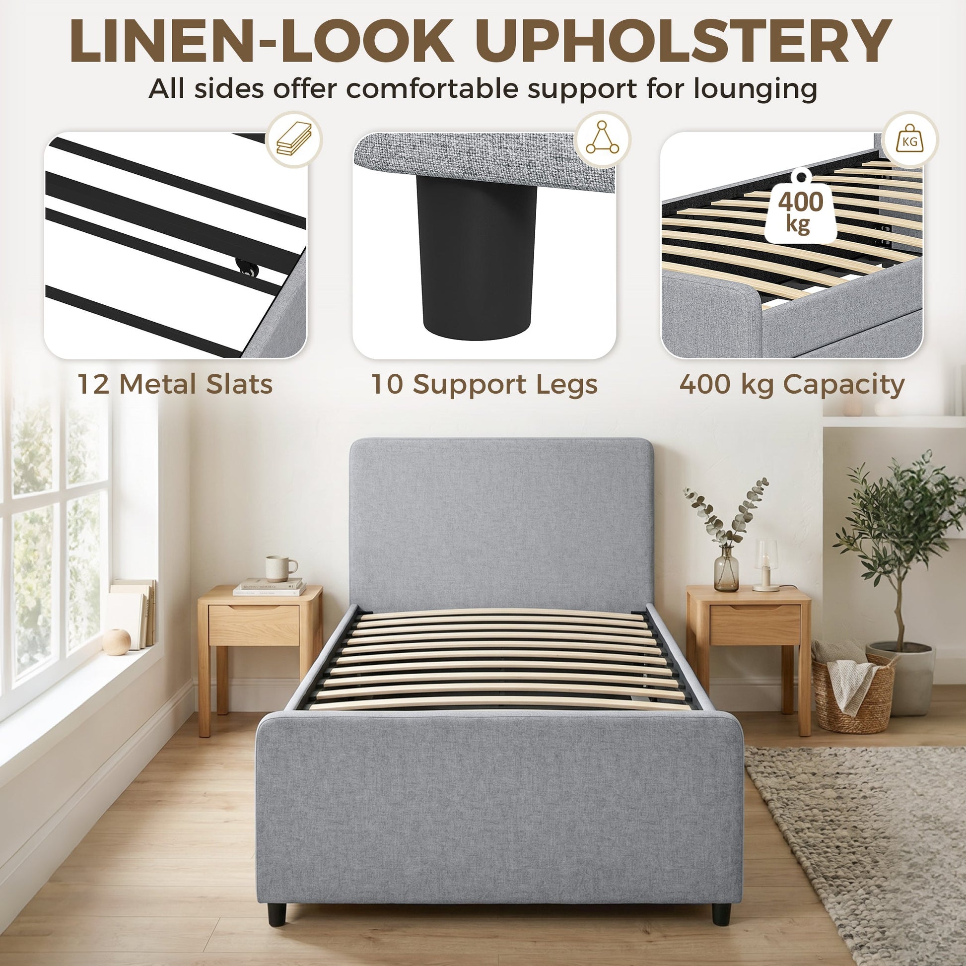 3ft Single Bed Frame with Trundle, Upholstered Pull Out Trundle Bed with Headboard and Footboard for Adults & Teenagers, 90 x 190 cm, No Mattress, Light Grey