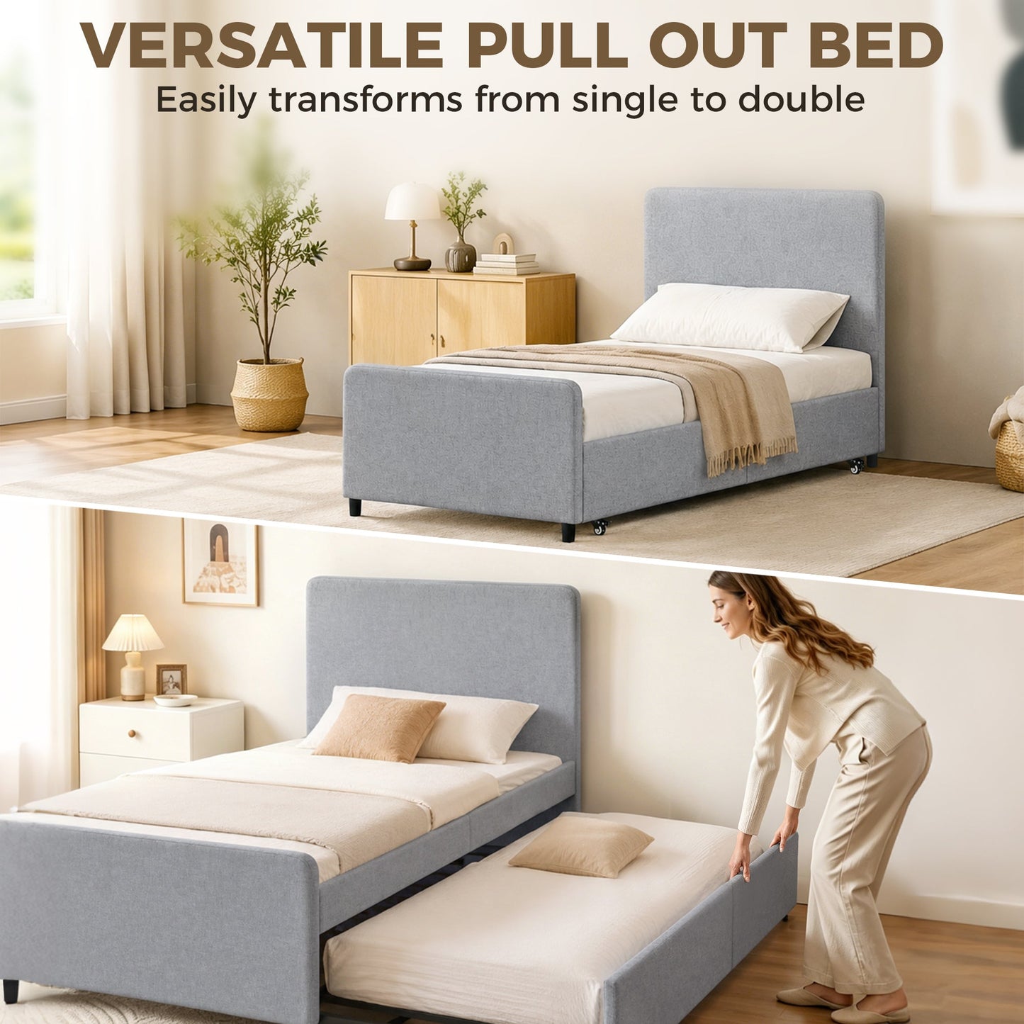 3ft Single Bed Frame with Trundle, Upholstered Pull Out Trundle Bed with Headboard and Footboard for Adults & Teenagers, 90 x 190 cm, No Mattress, Light Grey