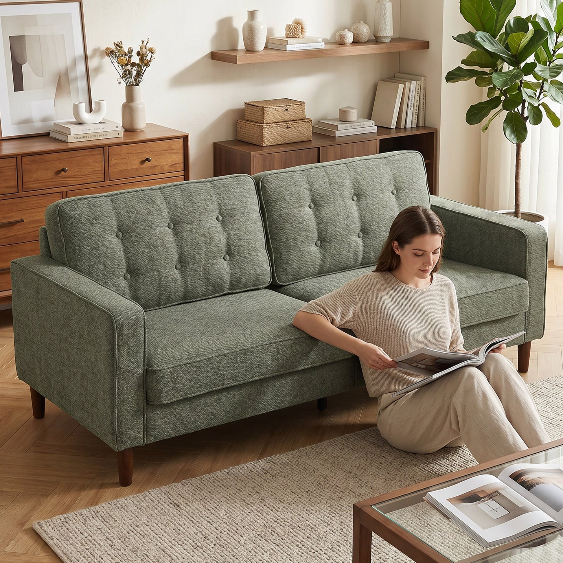 3 Seater Sofa, Upholstered Small Couch for Bedroom, Modern Futon Sofa Settee with Padded Cushion, Button Tufting and Wood Legs for Living Room, Green
