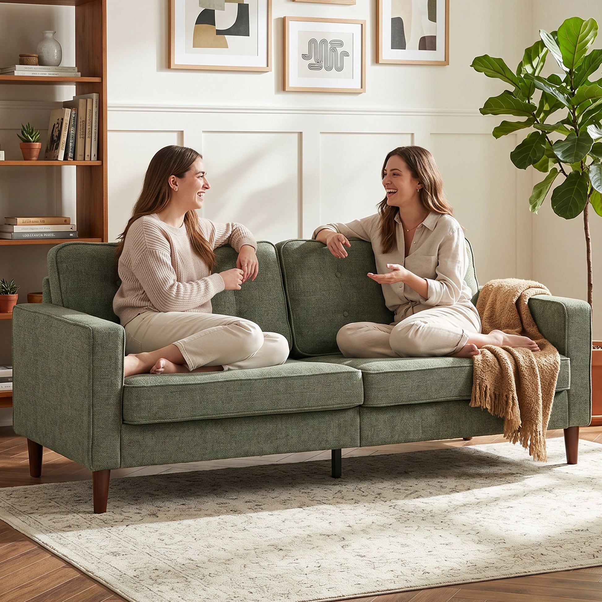 3 Seater Sofa, Upholstered Small Couch for Bedroom, Modern Futon Sofa Settee with Padded Cushion, Button Tufting and Wood Legs for Living Room, Green