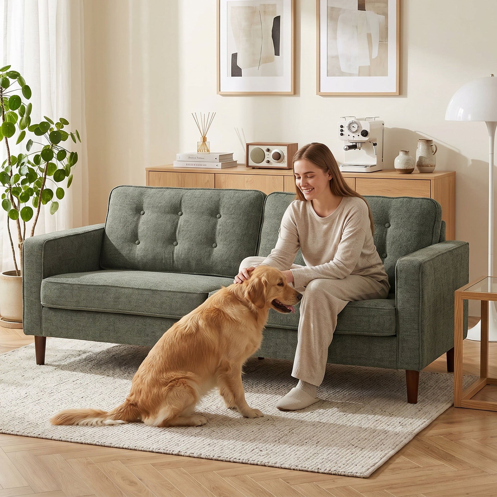3 Seater Sofa, Upholstered Small Couch for Bedroom, Modern Futon Sofa Settee with Padded Cushion, Button Tufting and Wood Legs for Living Room, Green