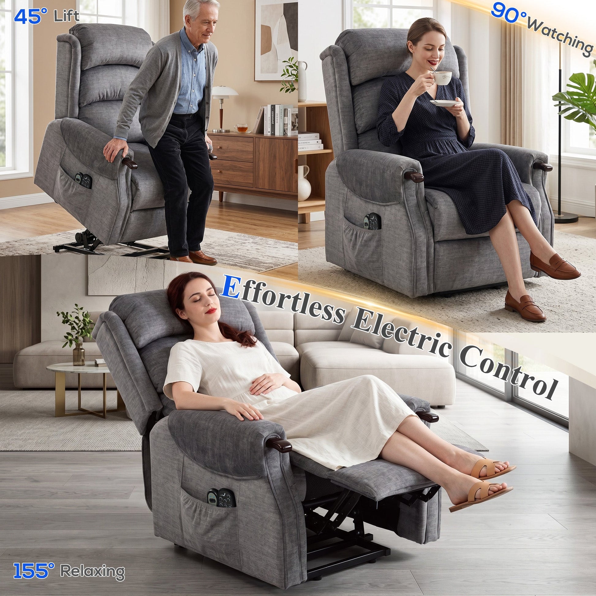 Power Lift Recliner Chair with Vibration Massage and Heat, Electric Lift Chair with Wood Grip, Pocket Spring, Fabric Riser and Reclining Armchair with Remote, Quick Assembly, Light Grey