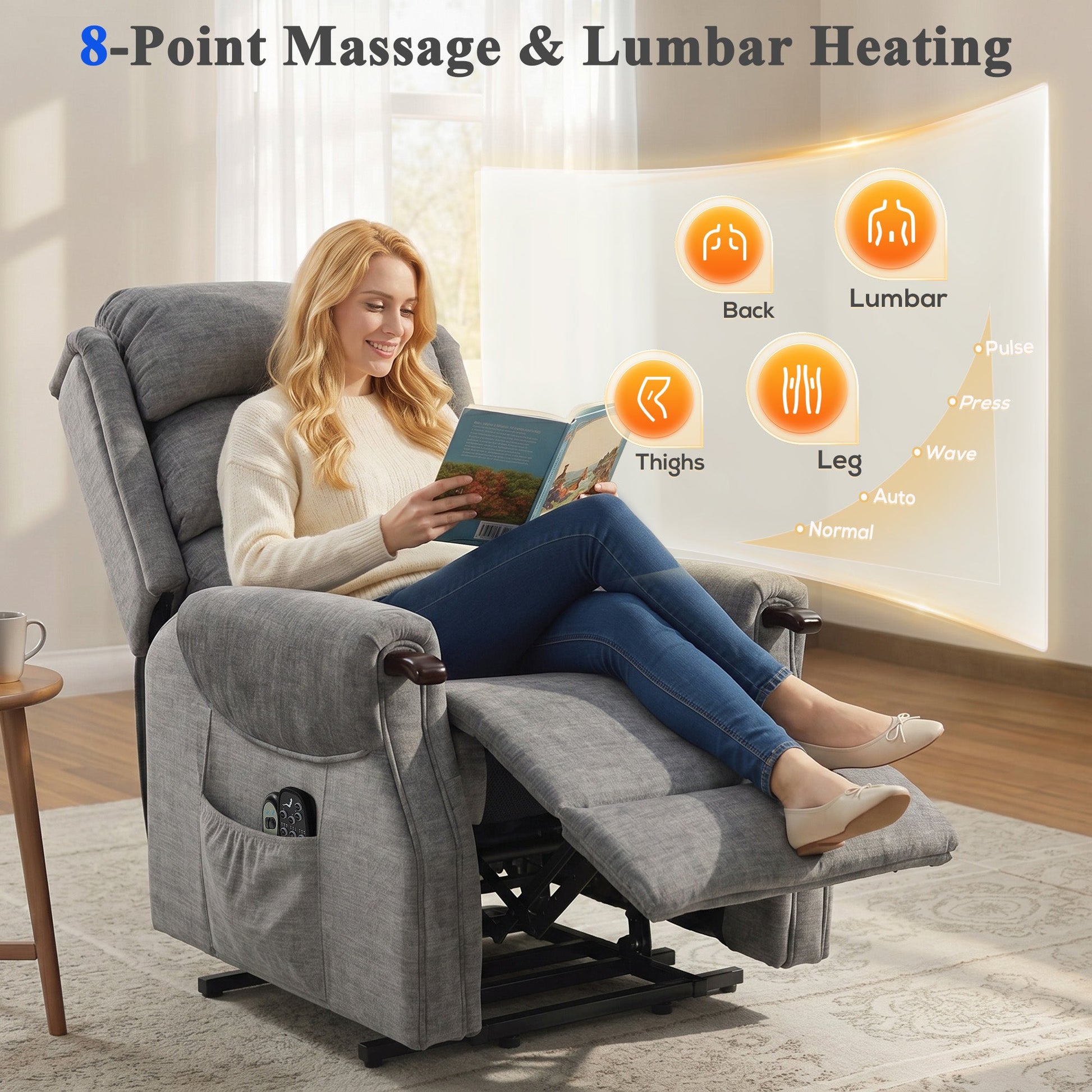 Power Lift Recliner Chair with Vibration Massage and Heat, Electric Lift Chair with Wood Grip, Pocket Spring, Fabric Riser and Reclining Armchair with Remote, Quick Assembly, Light Grey