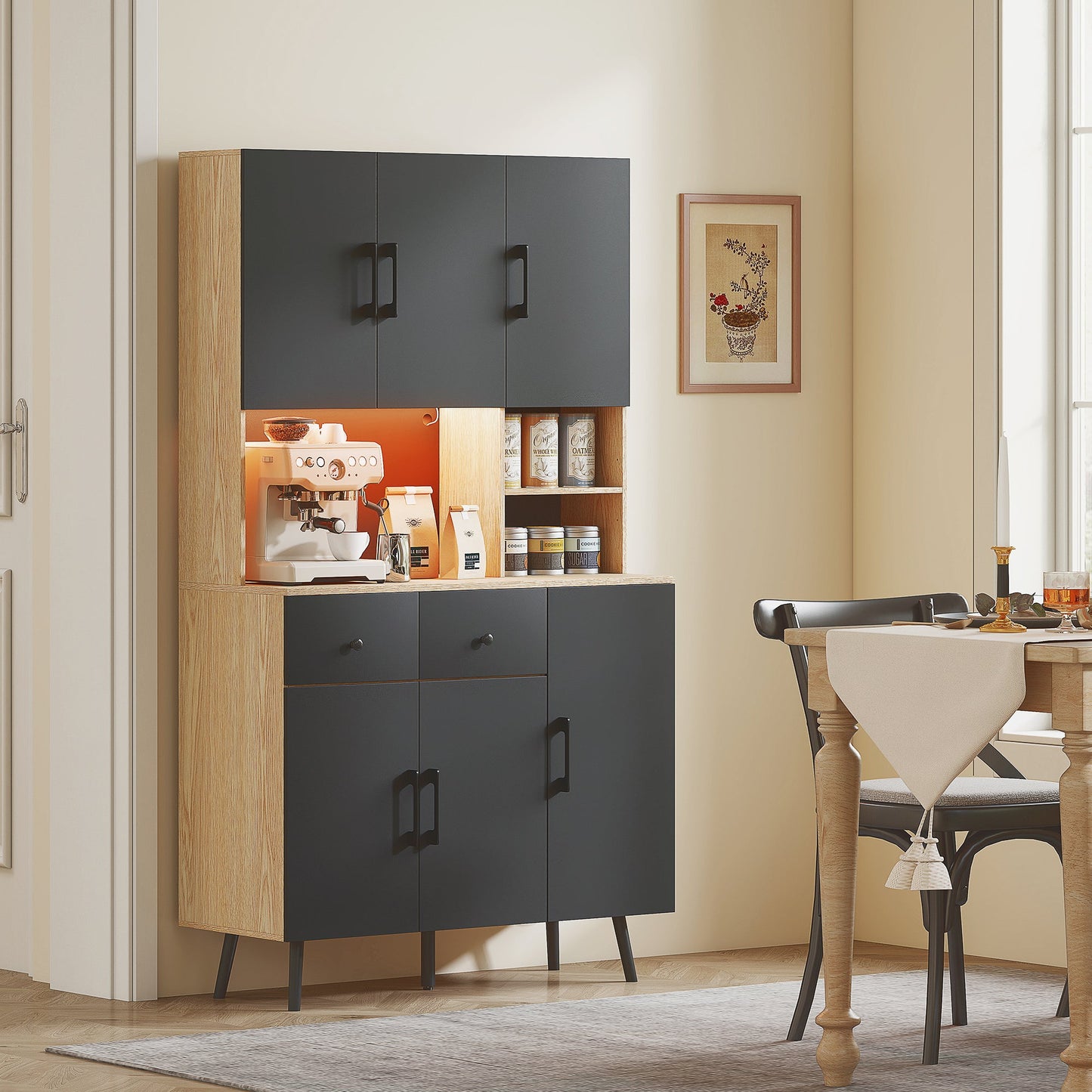176 cm Tall Kitchen Cupboard with RGB LED Lights, Freestanding 6-Door Kitchen Storage Cabinet with 2 Drawers, Adjustable Shelves, Open Countertop and Cable Hole, Oak and Black