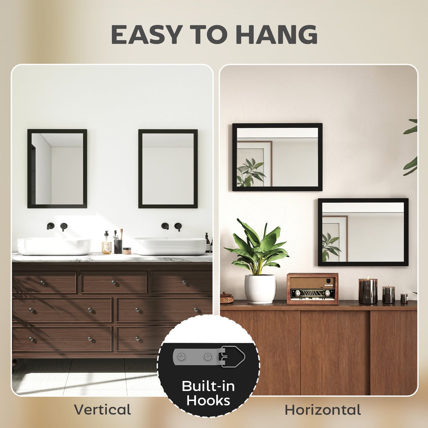 Decorative Rectangular Wall Mirror, 40W x 30H cm Wall-Mounted Bathroom Mirror for Living Room, Bedroom, Hallway, Set of 2, Black