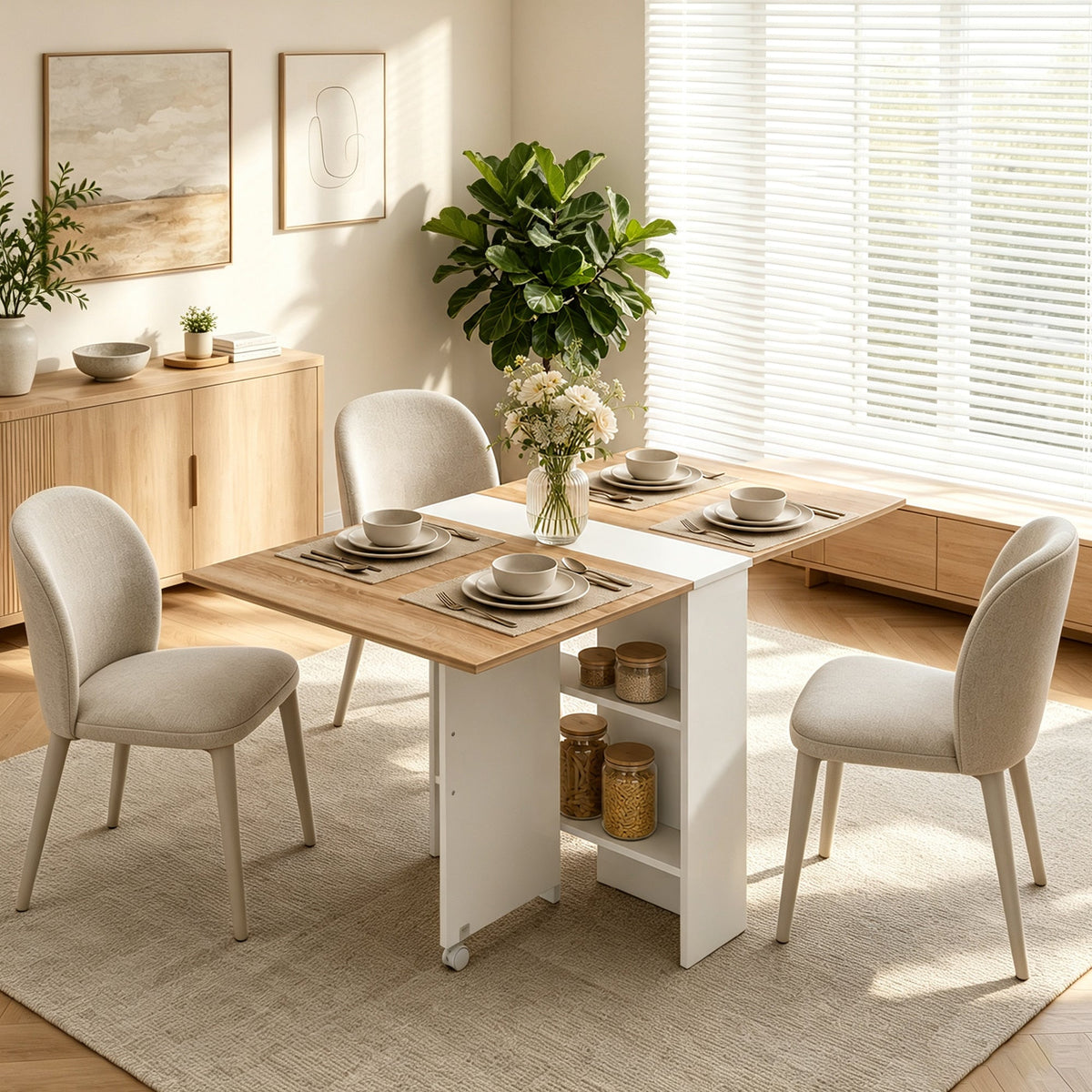 Folding Dining Table, Drop Leaf Table with 2-Tier Shelves, Rolling Casters, for Small Spaces, Kitchen, White and Natural